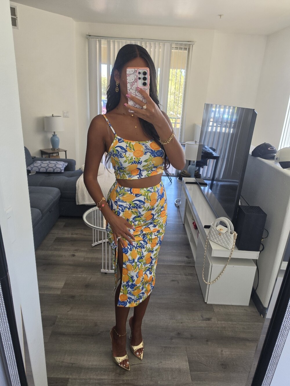Floral Lemon Print Cutout Midi Skirt - Yellow